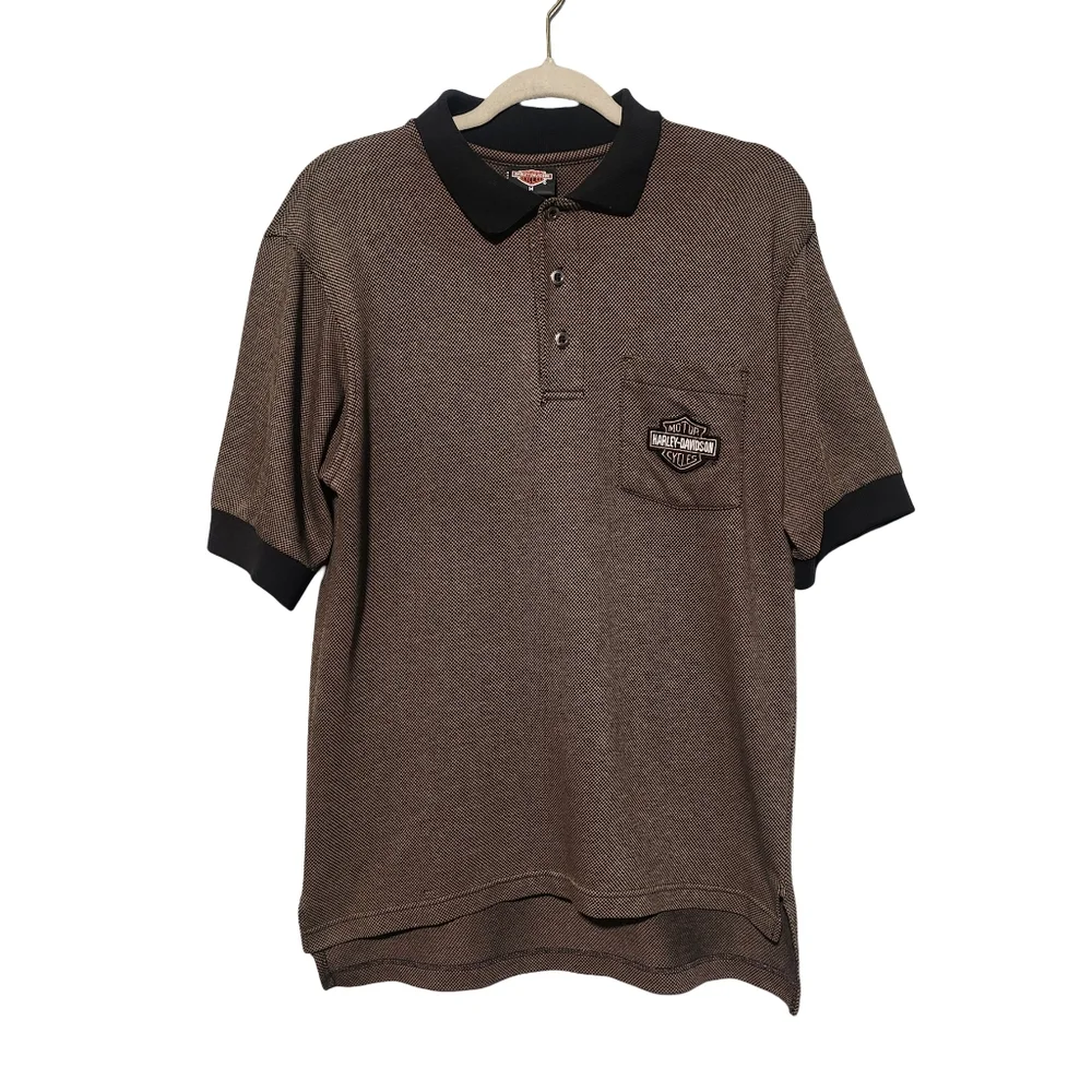 HARLEY DAVIDSON Polo Shirt Mens Medium Brown Black Biker Americana Rugged Moto